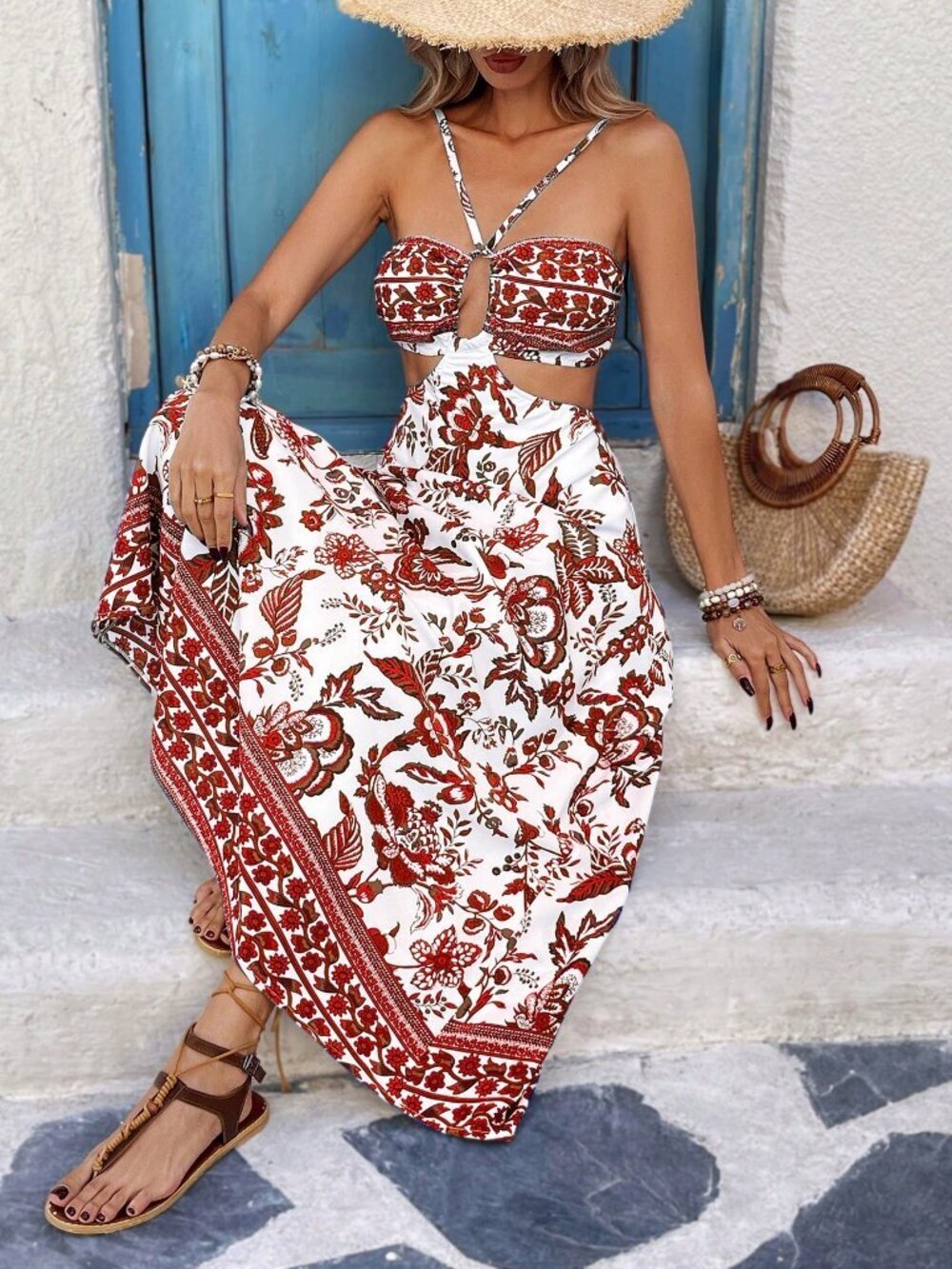 Red Boho Casual Women's Spaghetti Strap Floral A-Line Dress - Picture 4 of 4
